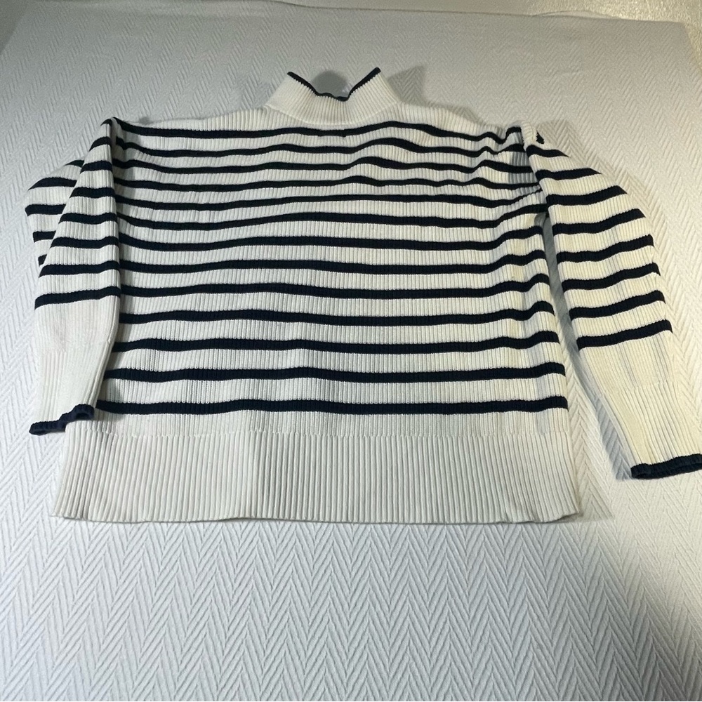 Lands' End White & Navy Blue Striped Mock Neck Quarter Zip Pullover Sweater - Picture 2 of 7
